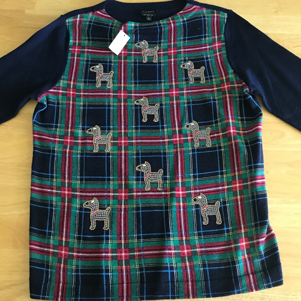 Talbots Merino Wool Tartan Plaid Scottish Terrier Dog Sweater